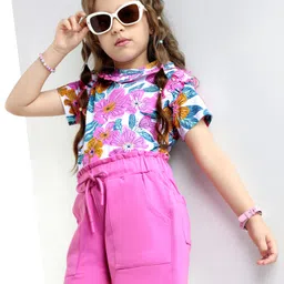 OLLINGTON ST. Cotton Knit Half Sleeves Floral Printed Top With Frill Detailing & Knit Shorts - Pink & White-picture-27