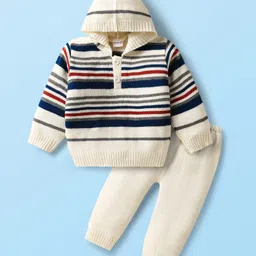 Babyhug Knitted Full Sleeves Striped Sweater Set With Hood - White & Navy Blue-picture-28
