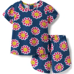 Babyhug Cotton Knit Half Sleeves Shorts Co-Ord Night Suit With Floral Print - Navy Blue-picture-32