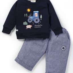 Ollypop Cotton Knit Full Sleeves T-Shirt & Checked Pant Set with Teddy Print - Navy Blue & Offwhite-picture-14