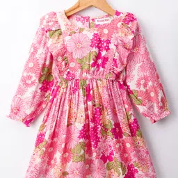 kookie kids india Kookie Kids Cotton Rayon Woven Full Sleeves Frock With Floral Print & Frill Detailing - Pink-picture-13