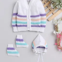 Little Angels Wollen Woven Full Sleeves Striped Cardigan With Cap & Socks Set - Violet & Multi Colour-image-46