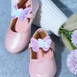 Mine Sole Sequins Embellished Butterfly Applique Detailed Velcro Closure Mary Jane Ballerina -Pink Colour-picture-14