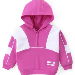 Babyhug Terry Cotton Knit Full Sleeves Text Printed Hooded Top & Jogger Pants Set - Purple & White image 2