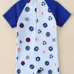 Babyhug Half Raglan Sleeves Legged Swimsuit With Nautical Theme Print - Blue image 2