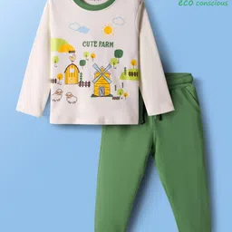 Babyoye 100% Cotton Interlock Eco Jiva Finish Full Sleeves T-Shirt & Joggers Set With Farm Print - White & Green image 2