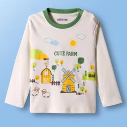 Babyoye 100% Cotton Interlock Eco Jiva Finish Full Sleeves T-Shirt & Joggers Set With Farm Print - White & Green image 3