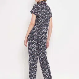 Clovia Blue Cotton Floral Print Shirt Pyjamas Set image 2