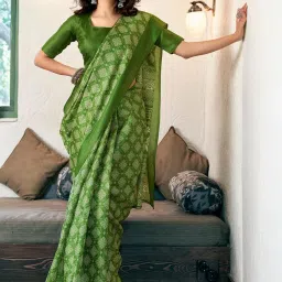 Satrani Green Printed Saree With Unstitched Blouse image 1