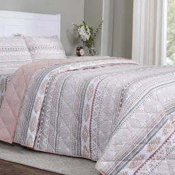 Maspar Allegra Peach Cotton Geometric 144 TC Double Bedsheet & Quilt with 2 Pillow Covers image 1