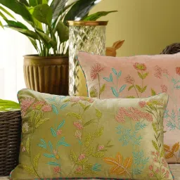 Pure Home and Living Green Velvet Embroidered Rectangle Cushion image 1