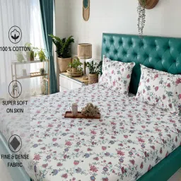 Urban Space White & Pink Cotton 200 TC King Bedsheet with 2 Pillow Covers image 2