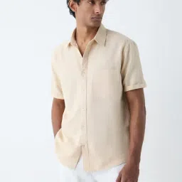 WES Casuals by Westside Beige Solid Relaxed-Fit Linen-Blend Shirt-image-98