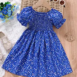 Bolly Lounge Girls Blue Cotton Blend Short Sleeves Floral Print Dress-image-93