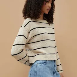 Ginger By Lifestyle Beige Regular Fit Striped Sweater image 3