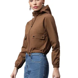 Global Republic Brown Regular Fit Hood Cropped Jacket image 3