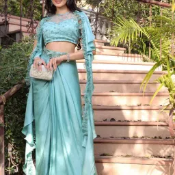 Label Aditi Hundia Green Satin Clara Drape Skirt-picture-25