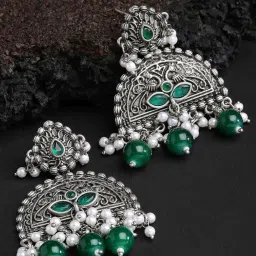 Karatcart Oxidized Silver Green Beads Peacock Design Dangler Earrings for Women image 1