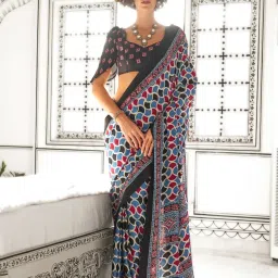 Vardha Medium Blue Printed Saree With Unstitched Blouse image 1