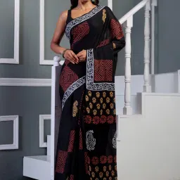 Unnati Silks Black Cotton Printed Saree With Unstitched Blouse image 1
