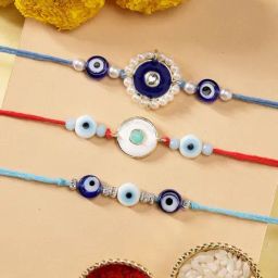 Karatcart Set of 3 Handmade Meenakari Evil Eye Kundan Rakhis for Brother with Roli & Chawal-picture-26