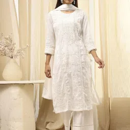 Biba Off White Cotton Regular Fit Embroidered Kurta Sets image 1