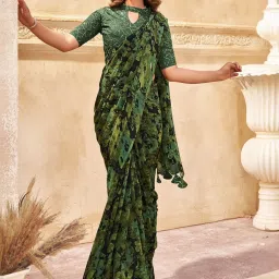 Satrani Green Printed Saree With Unstitched Blouse image 1
