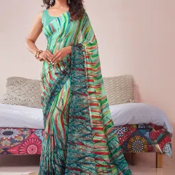 Satrani Green Printed Saree With Unstitched Blouse image 1
