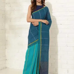 Fabindia Teal Blue Cotton Woven Pattern Saree-image-35