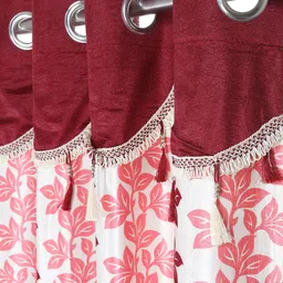 Cortina Maroon & White Set of 2 Fancy Valance Floral Printed Long Door Curtains image 2