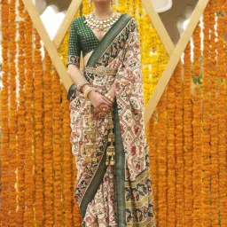 Elora Beige & Green Printed Saree With Unstitched Blouse-image-27