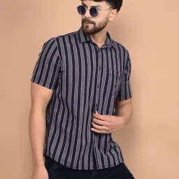 Crimsoune Club Black & Red Cotton Slim Fit Striped Shirt-image-39