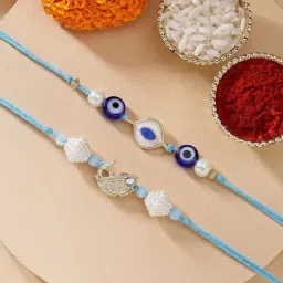 Karatcart Set of 2 Handmade Meenakari Evil Eye and Fish Kundan Rakhi for Brother with Roli & Chawal-image-78