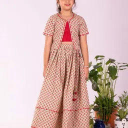 VASTRAMAY Girls Mint Green & Red Cotton Floral Lehenga Cholis-picture-47