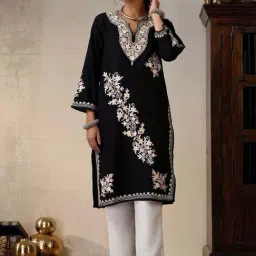 House of Chikankari Black HOC Crafts Aari Embroidered Woollen Solid Women's Long Kurta-picture-37