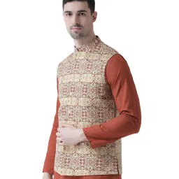Tabard Maroon & Beige Sleeveless Printed Nehru Jacket image 3