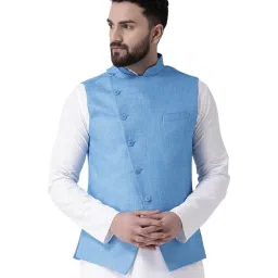 Tabard Blue Solid Cotton Nehru Jacket image 1
