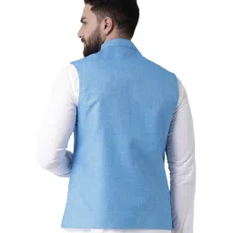 Tabard Blue Solid Cotton Nehru Jacket image 2