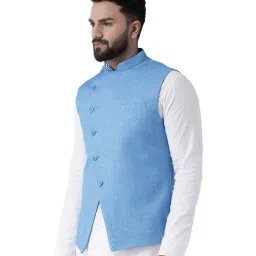 Tabard Blue Solid Cotton Nehru Jacket image 3