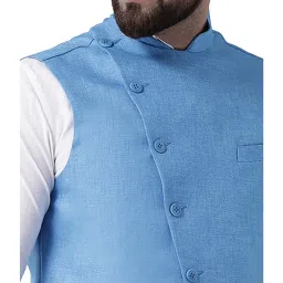 Tabard Blue Solid Cotton Nehru Jacket image 4