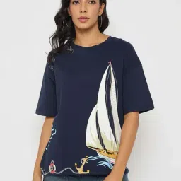 Madame Navy Cotton Regular Fit Printed T-Shirt-image-10