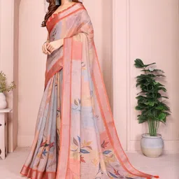 ADR CHIKANKARI Floral Linen Blend Handloom Saree image 4