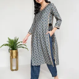 Global Desi Dark Blue Printed Kurta Pants Set image 4