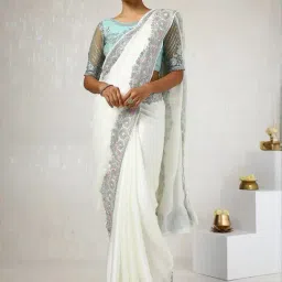 Soch Cream Embroidered Saree With Unstitched Blouse-image-11