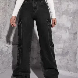Broadstar Black Denim Relaxed Fit High Rise Cargo Jeans-picture-17