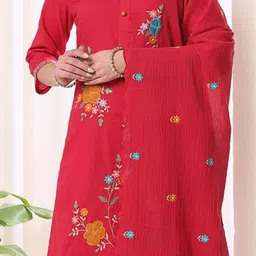 Anouk Floral Embroidered Round Neck Pure Cotton Straight Kurta With Trouser & Dupatta image 2