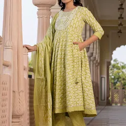 KALINI Floral Printed Mirror Work Anarkali Pure Cotton Kurta With Trousers & Dupatta image 3