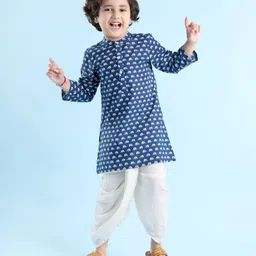 Babyhug Cotton Woven Full Sleeves Elephant Printed Kurta with Dhoti Set - Indigo-picture-14