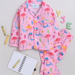 Knitting Doodles Premium Cotton Full Sleeves Mermaid Printed Coordinating Night Suit - Pink-image-49