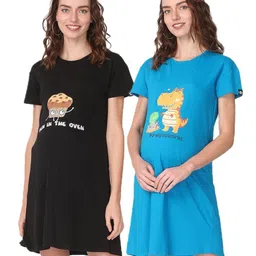 The Mom Store Pack Of 2 Cotton Half Sleeves Cup Cake & Dinosaur Printed Maternity T-Shirt Dresses - Black & Blue-picture-27